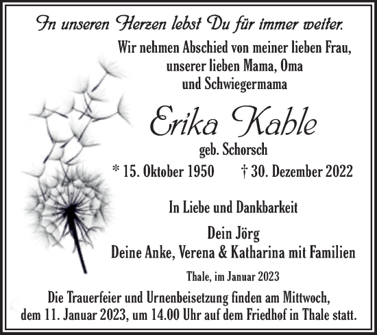Traueranzeige von Erika Kahle von Trauerkombi Quedlinburg