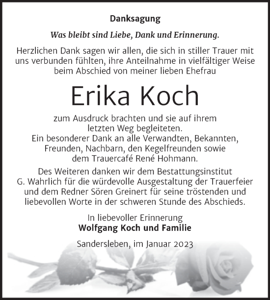 Traueranzeige von Erika Koch von Trauerkombi Mansfelder Land