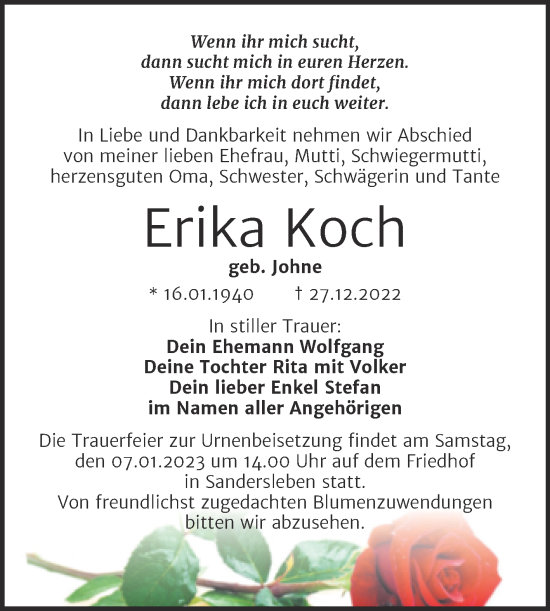 Traueranzeige von Erika Koch von Trauerkombi Mansfelder Land