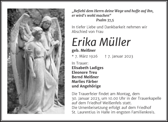 Traueranzeige von Erika Müller von Trauerkombi Weißenfels
