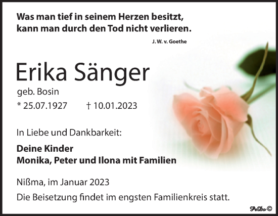 Traueranzeige von Erika Sänger von Trauerkombi Zeitz