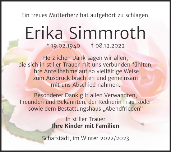 Traueranzeige von Erika Simmroth von Trauerkombi Merseburg