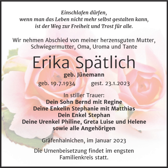 Traueranzeige von Erika Spätlich von Trauerkombi Wittenberg