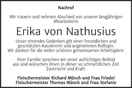 Traueranzeige von Erika von Nathusius von Mitteldeutsche Zeitung Quedlingburg