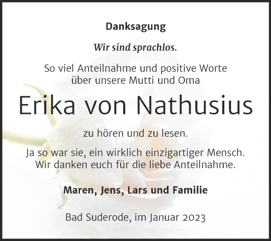 Traueranzeige von Erika von Nathusius von Trauerkombi Quedlinburg