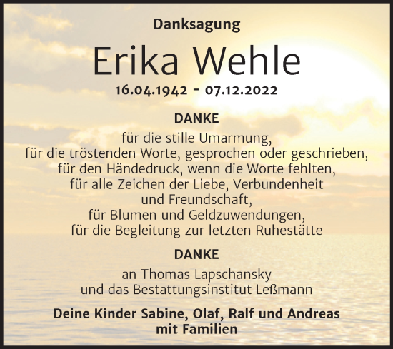 Traueranzeige von Erika Wehle von Trauerkombi Wittenberg