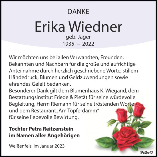 Traueranzeige von Erika Wiedner von Trauerkombi Weißenfels