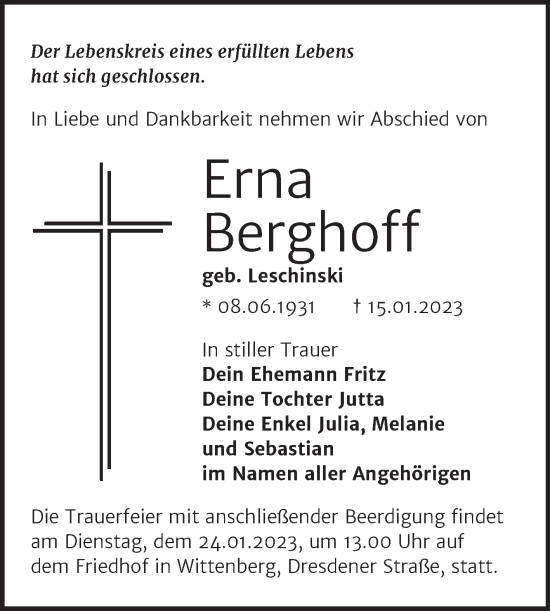 Traueranzeige von Erna Berghoff von Trauerkombi Wittenberg
