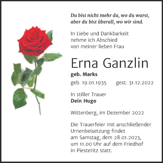 Traueranzeige von Erna Ganzlin von Trauerkombi Wittenberg