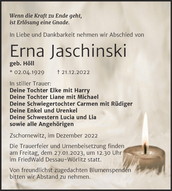 Traueranzeige von Erna Jaschinski von Trauerkombi Wittenberg