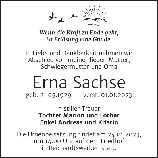 Traueranzeige von Erna Sachse von Trauerkombi Weißenfels