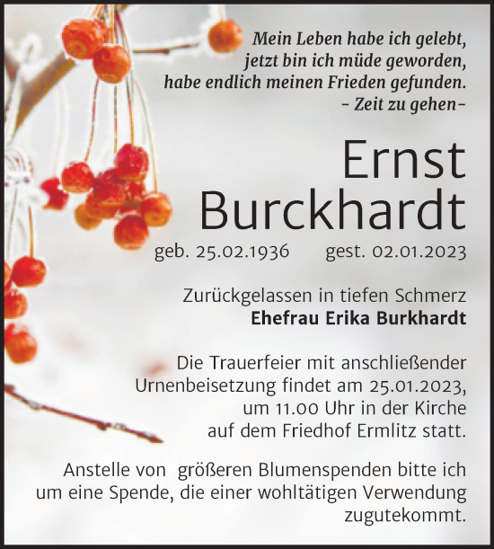 Traueranzeige von Ernst Burckhardt von Mitteldeutsche Zeitung Merseburg/Querfurt