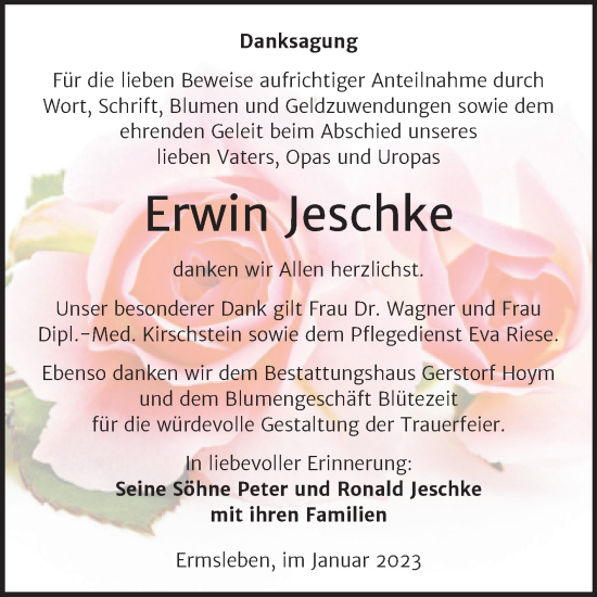 Traueranzeige von Erwin Jeschke von Trauerkombi Quedlinburg