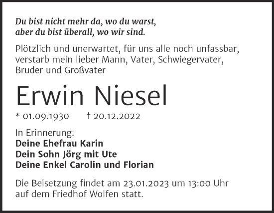Traueranzeige von Erwin Niesel von Trauerkombi Bitterfeld