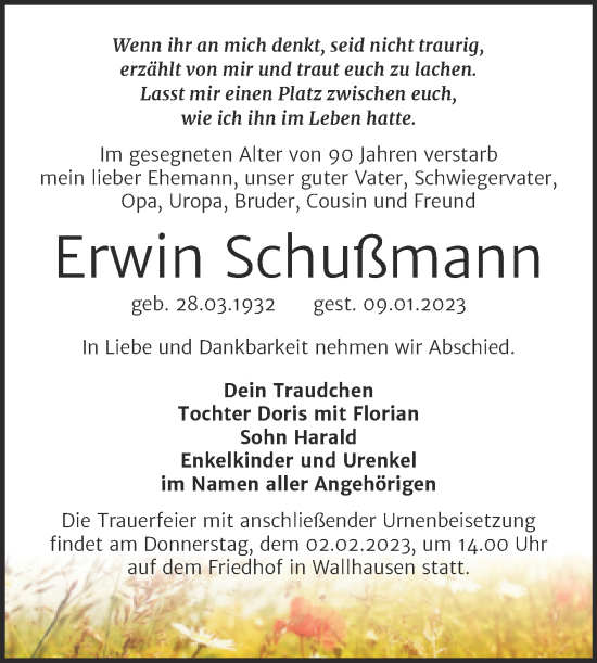 Traueranzeige von Erwin Schußmann von Trauerkombi Sangerhausen