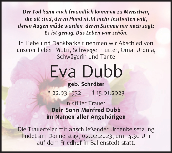 Traueranzeige von Eva Dubb von Mitteldeutsche Zeitung Quedlingburg