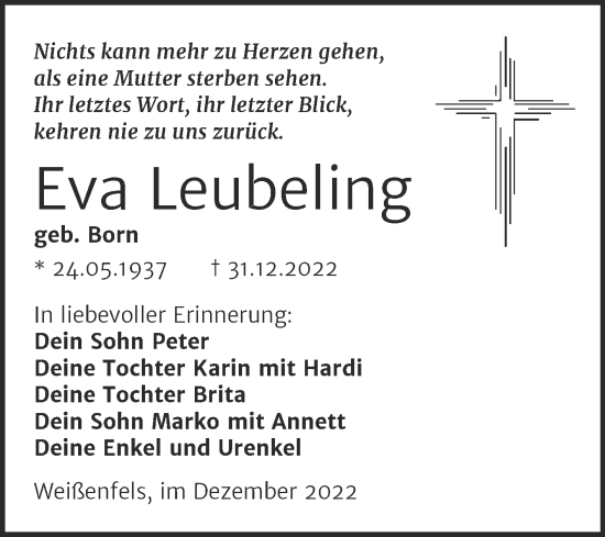 Traueranzeige von Eva Leubeling von Trauerkombi Weißenfels