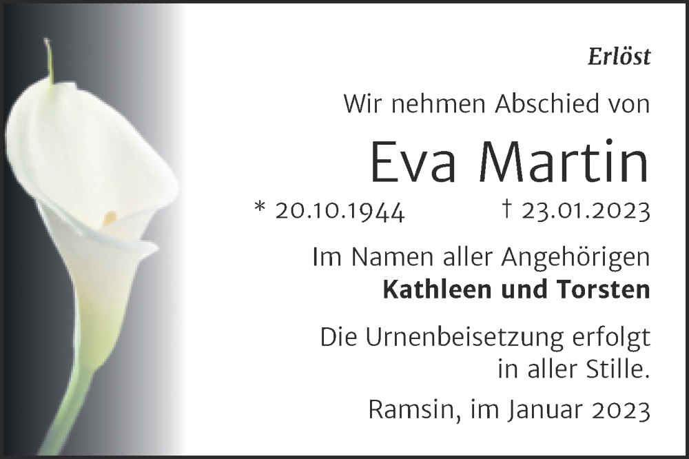  Traueranzeige für Eva Martin vom 28.01.2023 aus Trauerkombi Bitterfeld