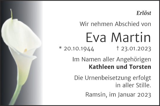 Traueranzeige von Eva Martin von Trauerkombi Bitterfeld