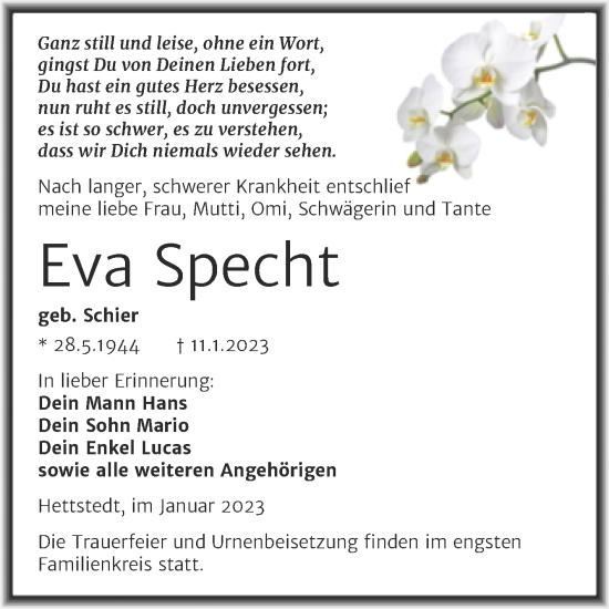 Traueranzeige von Eva Specht von Trauerkombi Mansfelder Land