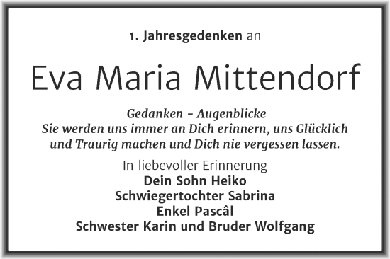 Traueranzeige von Eva Maria Mittendorf von Trauerkombi Dessau