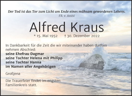 Traueranzeige von Alfred Kraus von Naumburger Tageblatt