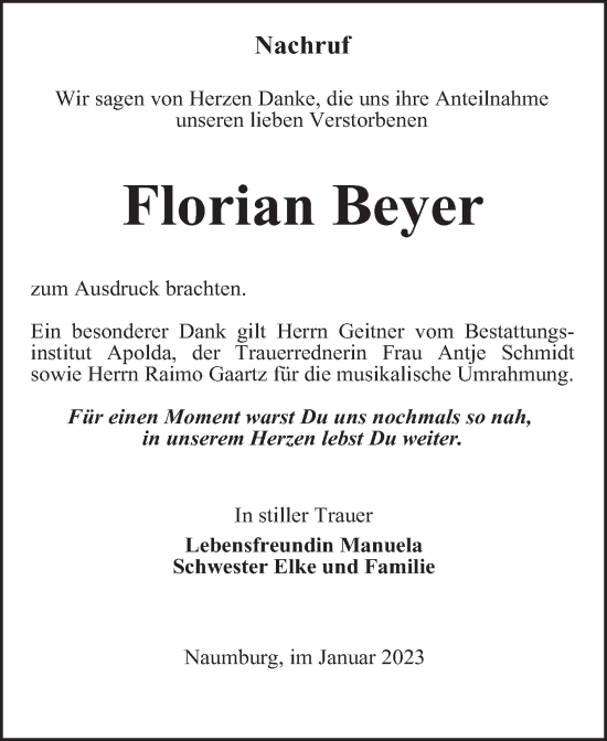 Traueranzeige von Florian Beyer von Wochenspiegel Naumburg/Nebra