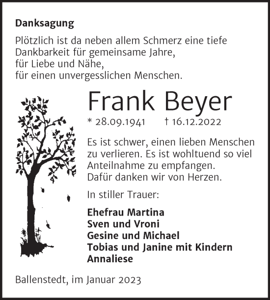 Traueranzeige von Frank Beyer von Trauerkombi Quedlinburg