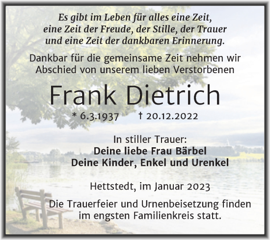 Traueranzeige von Frank Dietrich von Trauerkombi Mansfelder Land