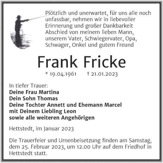 Traueranzeige von Frank Fricke von Trauerkombi Mansfelder Land