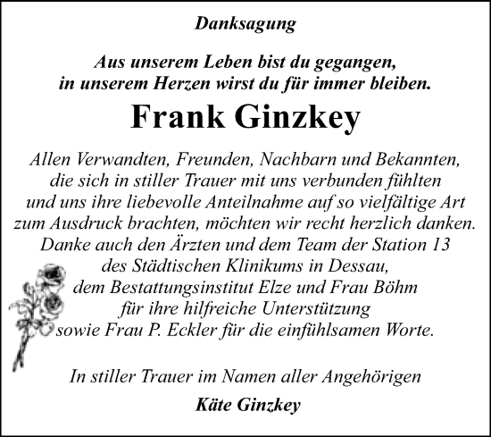 Traueranzeige von Frank Ginzkey von Trauerkombi Dessau