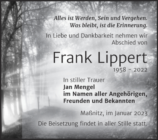 Traueranzeige von Frank Lippert von Trauerkombi Zeitz