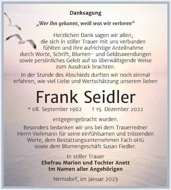 Traueranzeige von Frank Seidler von Trauerkombi Merseburg