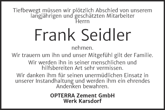 Traueranzeige von Frank Seidler von Mitteldeutsche Zeitung Merseburg/Querfurt
