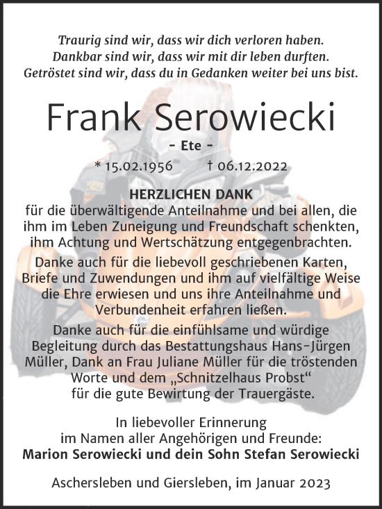 Traueranzeige von Frank Serowiecki von Trauerkombi Aschersleben