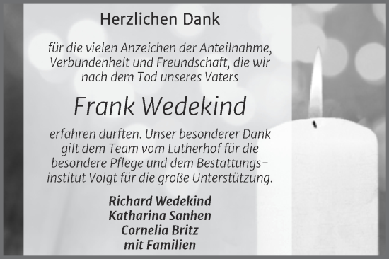 Traueranzeige von Frank Wedekind von Mitteldeutsche Zeitung Mansfelder Land