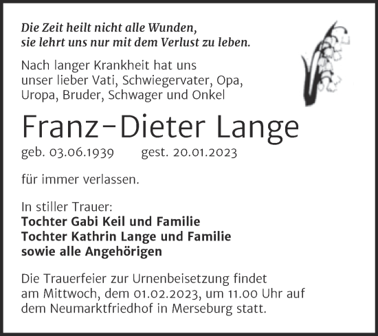 Traueranzeige von Franz-Dieter Lange von Trauerkombi Merseburg