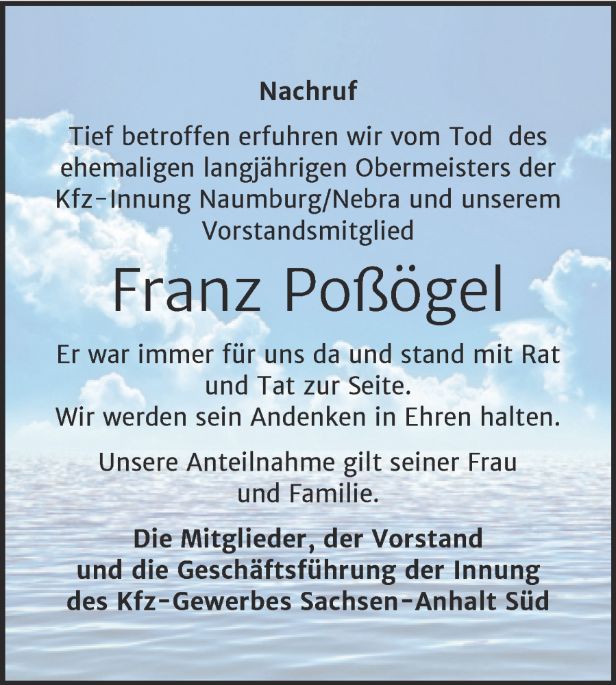 Traueranzeigen von Franz Poßögel | www.abschied-nehmen.de