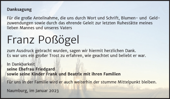 Traueranzeige von Franz Poßögel von Naumburger Tageblatt