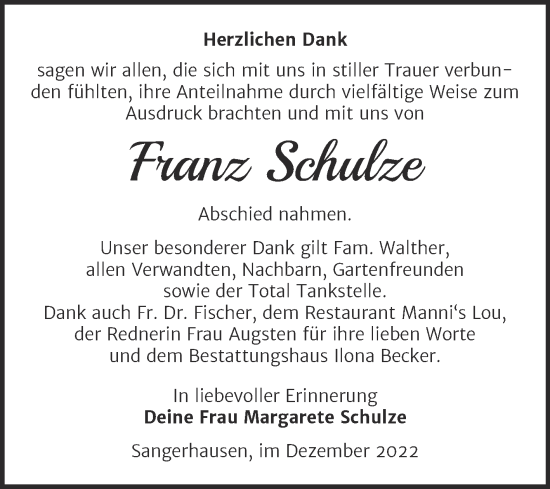 Traueranzeige von Franz Schulze von Trauerkombi Sangerhausen