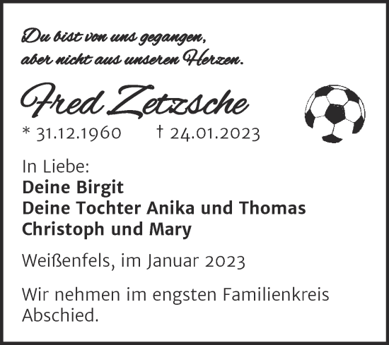 Traueranzeige von Fred Zetzsche von Trauerkombi Weißenfels
