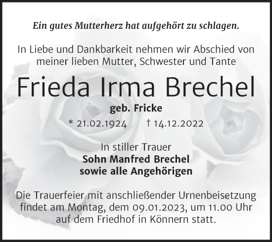 Traueranzeige von Frieda Irma Brechel von Trauerkombi Bernburg