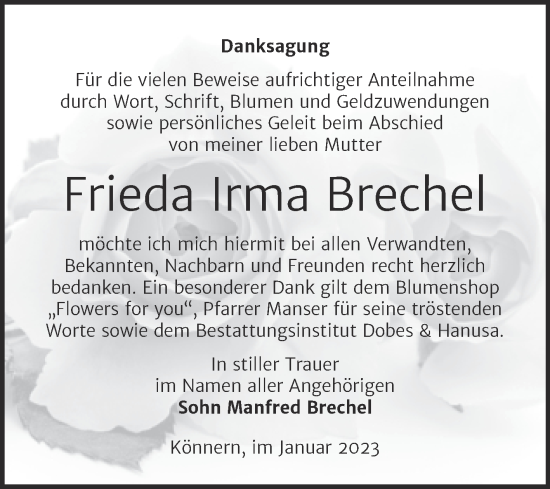 Traueranzeige von Frieda Irma Brechel von Trauerkombi Bernburg