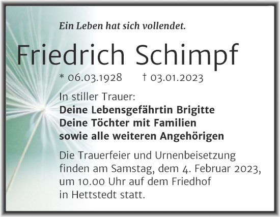 Traueranzeige von Friedrich Schimpf von Trauerkombi Mansfelder Land