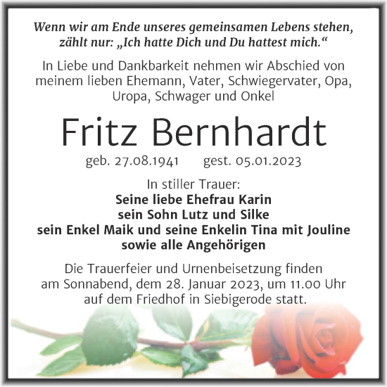 Traueranzeige von Fritz Bernhardt von Trauerkombi Mansfelder Land