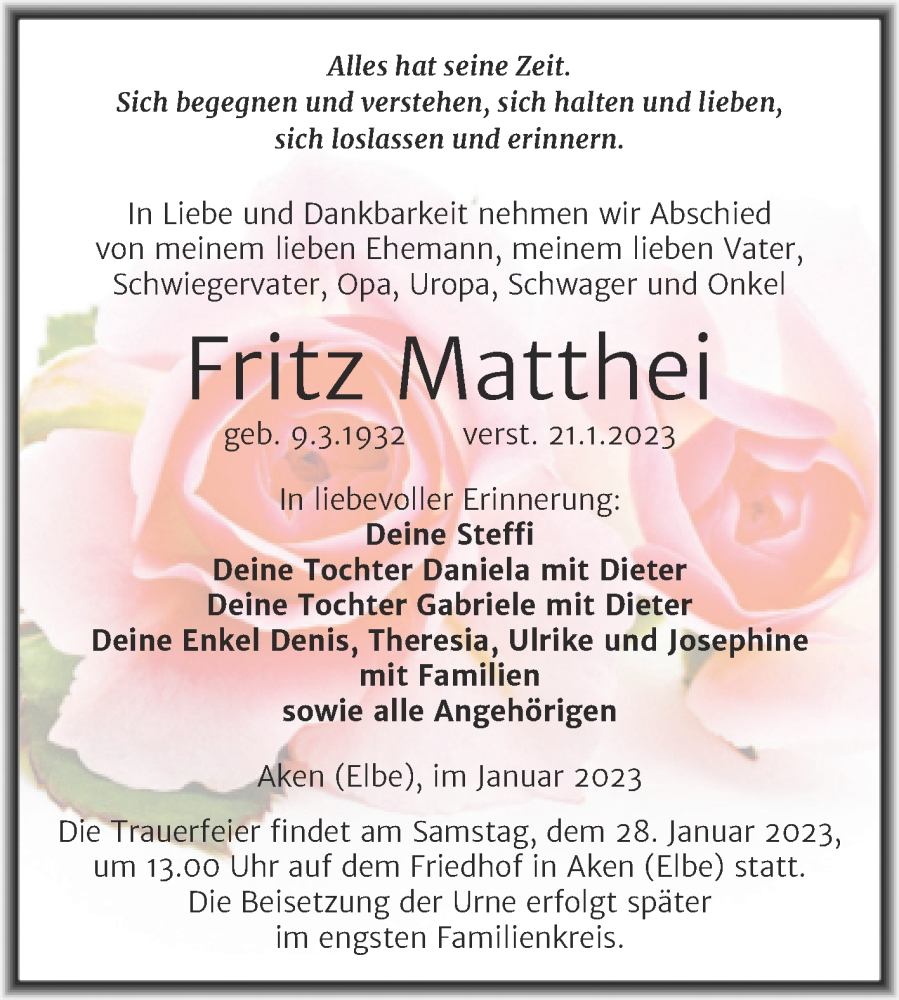  Traueranzeige für Fritz Matthei vom 24.01.2023 aus Mitteldeutsche Zeitung Köthen