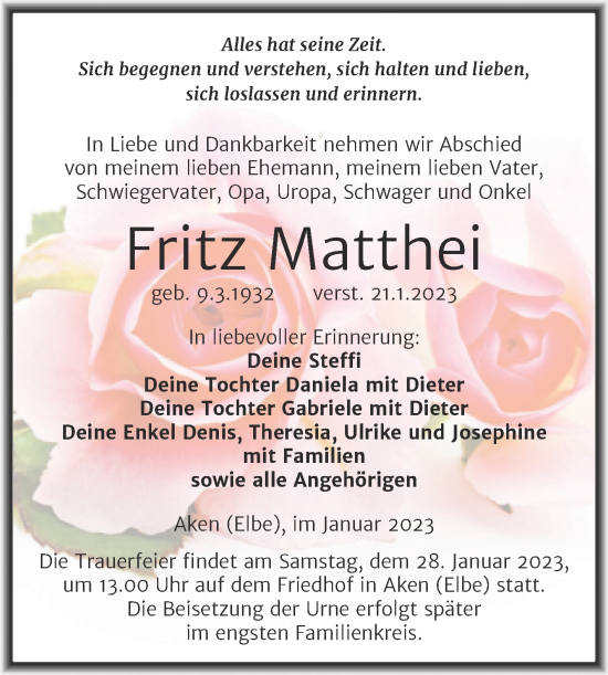 Traueranzeige von Fritz Matthei von Mitteldeutsche Zeitung Köthen