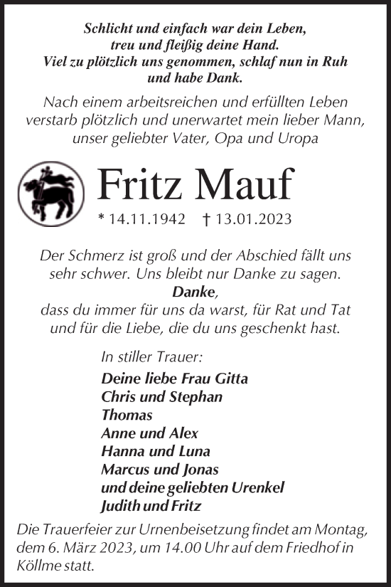 Traueranzeige von Fritz Mauf von Mitteldeutsche Zeitung Halle/Saalkreis