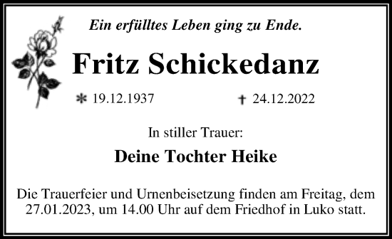 Traueranzeige von Fritz Schickedanz von Trauerkombi Wittenberg