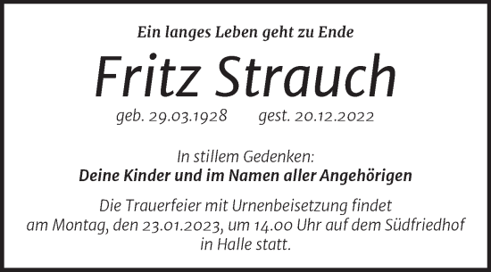 Traueranzeige von Fritz Strauch von Mitteldeutsche Zeitung Halle/Saalkreis